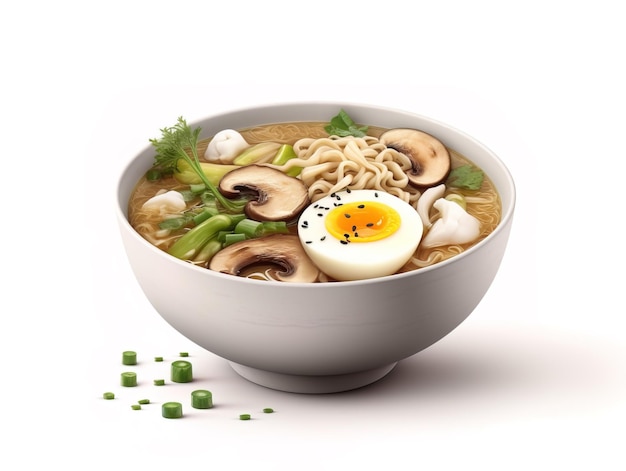 Soupe ramen aux nouilles poireaux champignons shiitake et oeuf mou isolé sur fond blanc Soupe ramen végétarienne