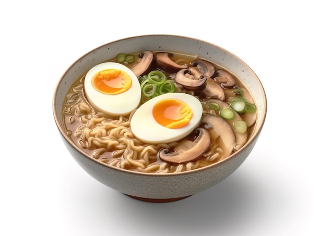 Soupe ramen aux nouilles poireaux champignons shiitake et oeuf mou isolé sur fond blanc Soupe ramen végétarienne