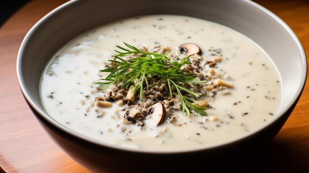 Photo soupe de riz sauvage soupe crémeuse avec céréales et volailles du midwest