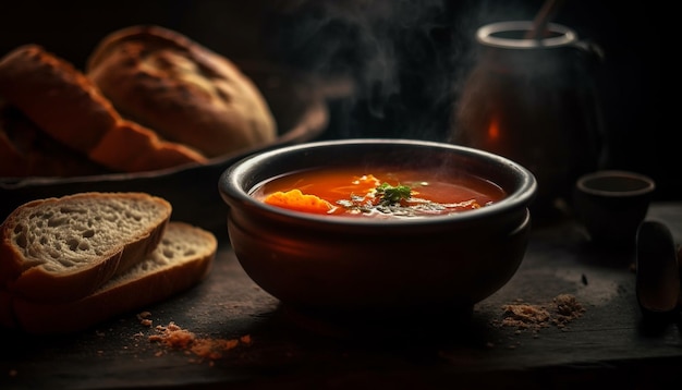Soupe rustique faite maison un repas végétarien sain sur une table en bois générée par l'intelligence artificielle