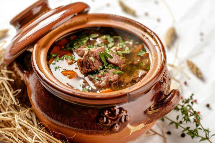 Photo soupe rustique riche dans une casserole d'argile bouillon de viande de bœuf chaud avec des épices de verdure dans des ustensiles de cuisson en céramique