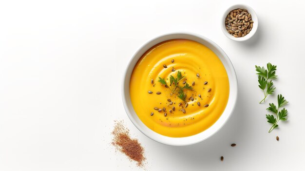 Une soupe saine à base de citrouille torréfiée présentée sur un fond jaune IA générative