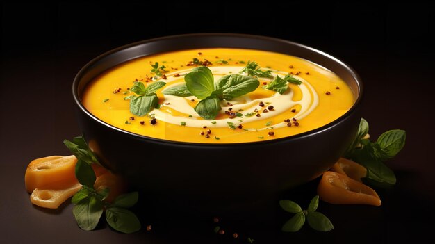 Soupe saine faite avec de la citrouille rôtie présentée sur un fond jaune IA générative