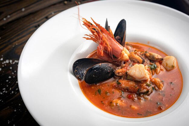 Soupe thaï aux fruits de mer dans une assiette blanche sur un fond en bois