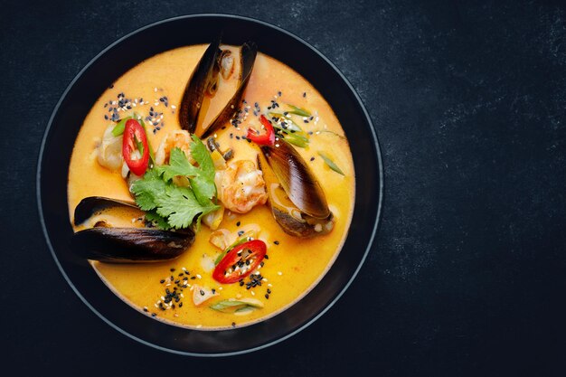 Soupe thaïlandaise dans une assiette aux fruits de mer