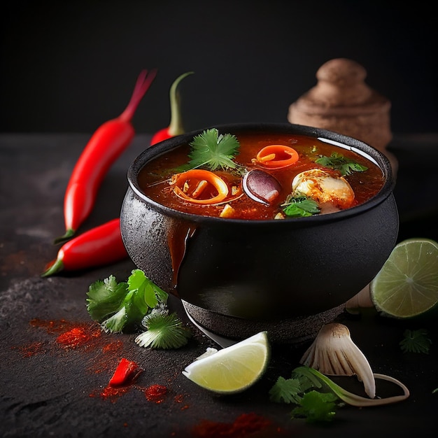 Photo soupe de tom yam isolée sur gros plan noir. soupe thaïlandaise appétissante aux fruits de mer et légumes.