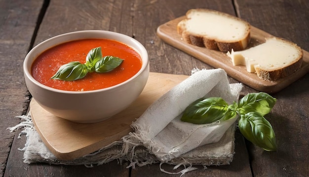 Soupe à la tomate chaude, fromage parmesan et basilic sur une vieille table.