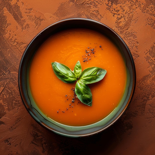 Soupe de tomate crémeuse avec garniture de basilic sur un plat de céramique vert foncé