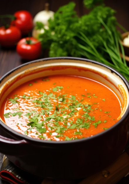 une soupe de tomate dans un pot avec des herbes et du persil