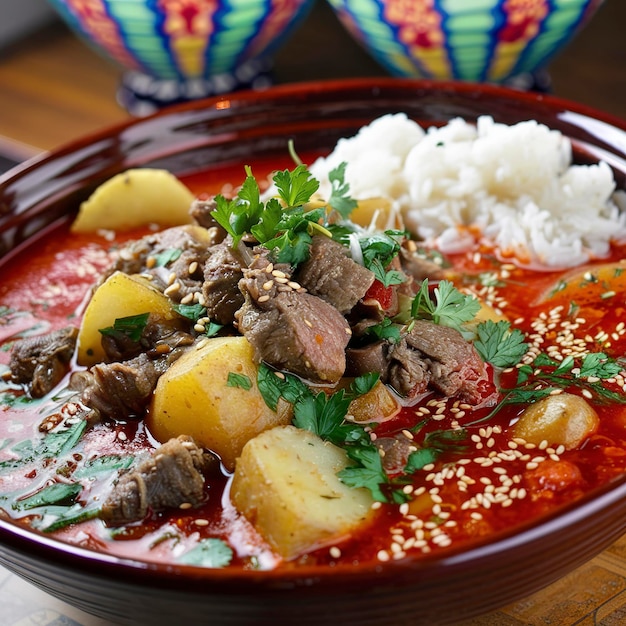 Soupe de tomate rouge avec des herbes, des pommes de terre et de la viande, cuisine orientale