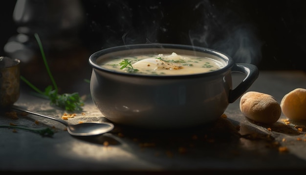 Soupe végétarienne fraîche cuite avec des légumes biologiques servie dans un bol rustique généré par l'intelligence artificielle