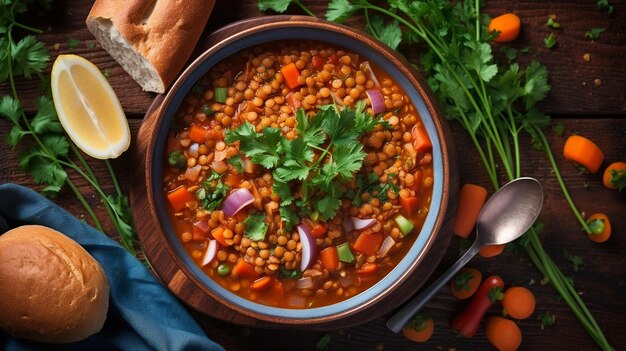 Soupe végétarienne de lentilles avec du persil frais