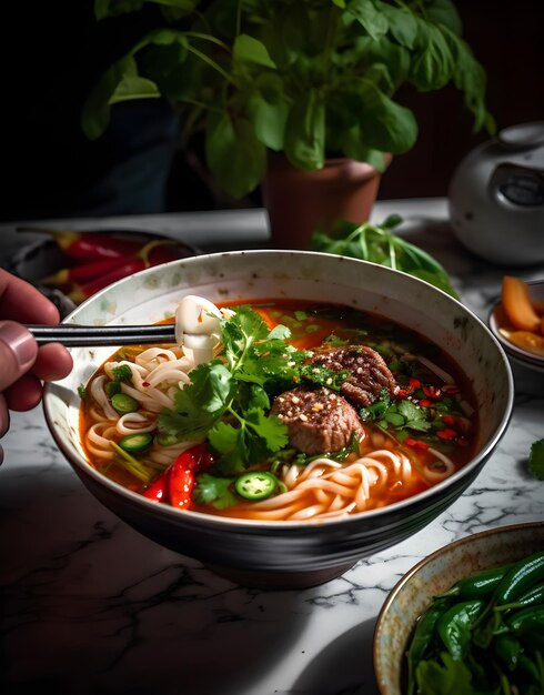 Photo soupe vietnamienne pho bo avec du bœuf et des nouilles de riz sur un fond sombre généré par l'ia