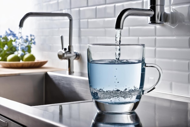 Source d'eau de cuisine remplissant une tasse en verre avec de l'eau propre du robinet