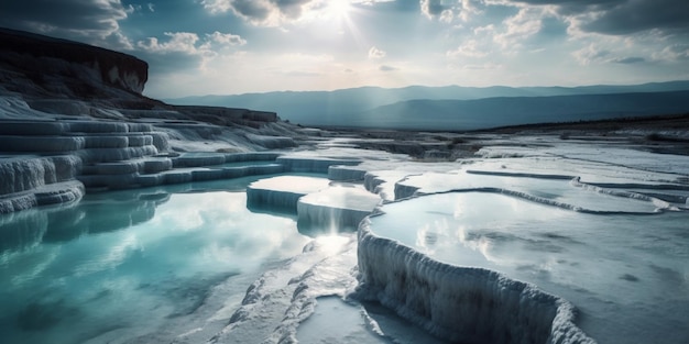 Les sources chaudes minérales de Pamukkale de travertin naturel blanc et les gouttes de pluie scintillantes créent des ondulations sur les piscines placides de la belle photographie de la nature aquatique éclairage éthéré cinématographique