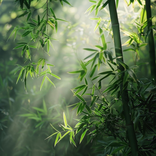 Des sources douces embrassent des rayons de soleil rayonnants dansant à travers les feuilles de bambou