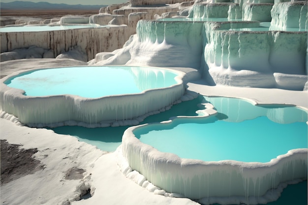 Les sources thermales minérales de Pamukkale de travertin naturel blanc et les gouttes de pluie scintillantes créent des ondulations sur les piscines placides de la belle nature aquatique