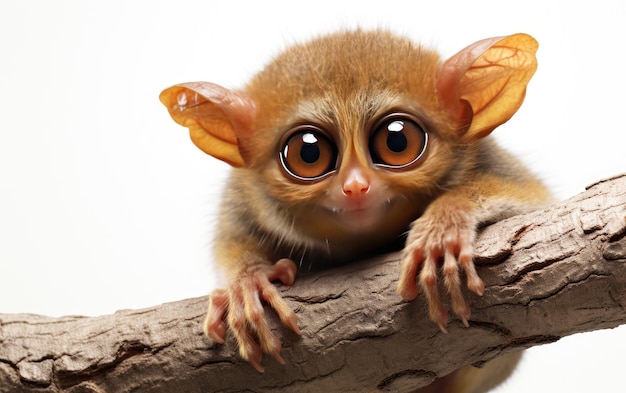 Souriant beau Tarsier assis sur une branche d'arbre isolé sur fond blanc