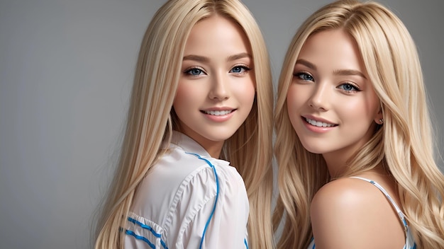 Souriant deux jeunes femmes aux cheveux longs blonds soignés isolées sur fond plat pastel avec espace de copie produits de soins capillaires blonds modèle de bannière salon de coiffure