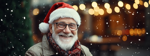 Souriant heureux vieux bel homme en bonnet de noel marchant dans la rue sity fond de Noël