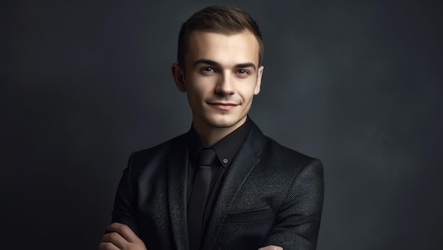 Souriant jeune homme d'affaires en chemise de costume noir classique posant isolé sur fond de mur gris studio portrait réalisation carrière richesse concept d'entreprise maquette copie espace redressage manches