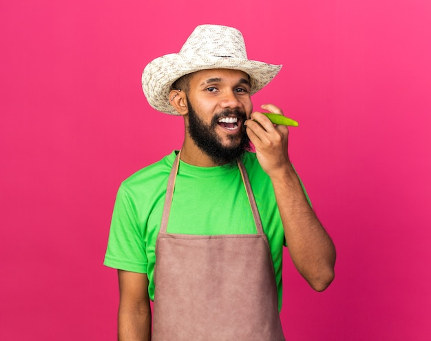 Souriant jeune jardinier afro-américain portant un chapeau de jardinage tenant du poivre montrant un geste de fumer isolé sur un mur rose