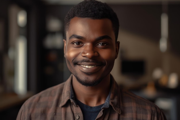 Souriant joyeux jeune adulte d'origine afro-américaine homme regardant la caméra debout à la maison bureau arrière-plan heureux homme noir confiant posant pour le portrait de tête visage avant de près