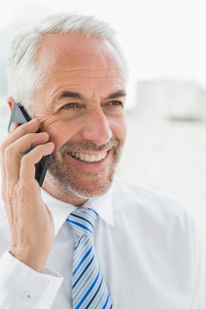 Souriant mature homme d&#39;affaires à l&#39;aide de téléphone portable