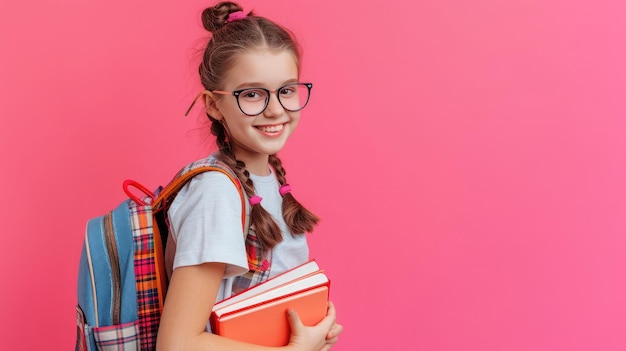 Souriante active excellente meilleure élève écolière tenant des livres et des cahiers allant à l'école portant des lunettes et un sac