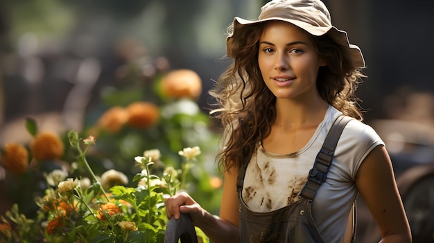 Souriante belle jardinière caucasienne ou fille fleuriste est heureuse dans le jardin et la ferme de fleurs