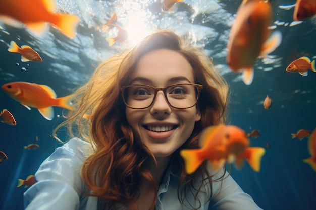 souriante jeune femme d'affaires nageant sous l'eau