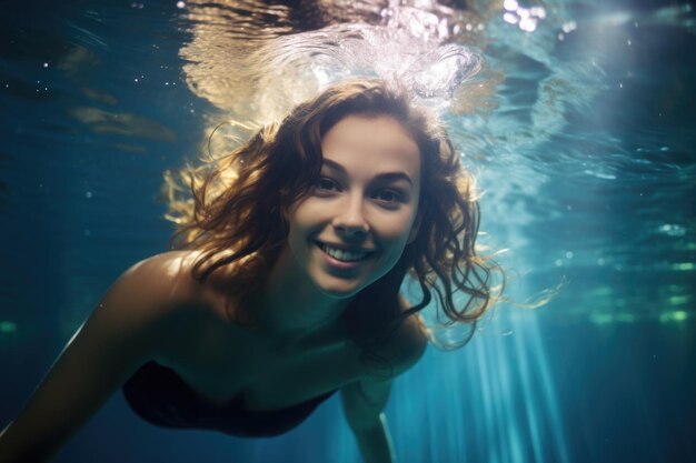 Photo souriante jeune femme d'affaires nageant sous l'eau