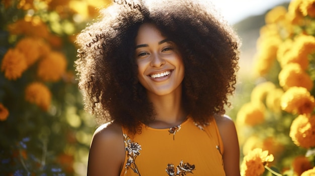 souriante jeune femme afro-américaine profitant de l'été en plein air