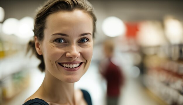 Souriante jeune femme caucasienne au supermarché Illustration de l'IA générative