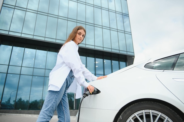 Souriante jeune femme caucasienne branchant le câble électrique dans un véhicule électrique pour recharger sur le parking ensoleillé du centre commercial recadré Concept de mode de vie et d'écologie