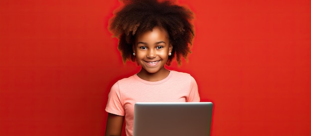 Souriante jeune fille afro-américaine avec ordinateur portable sur fond de mur rouge portrait en studio Personnes concept de style de vie Maquette espace de copie