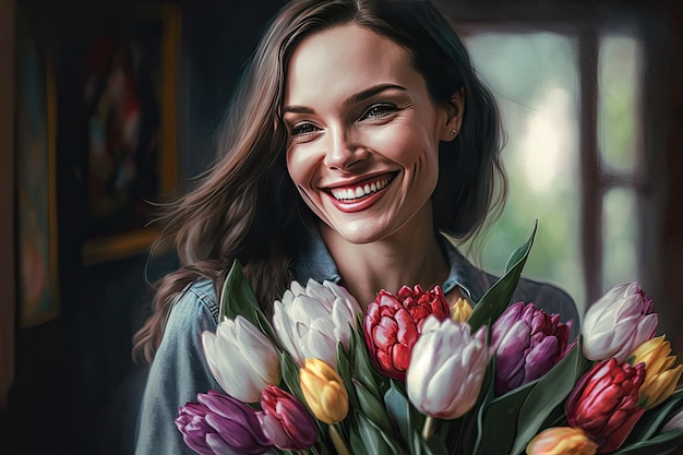 Souriante jolie femme tenant un bouquet de fleurs et regardant la caméra Présent pour l'anniversaire Fête des mères ou autre célébration AI générative