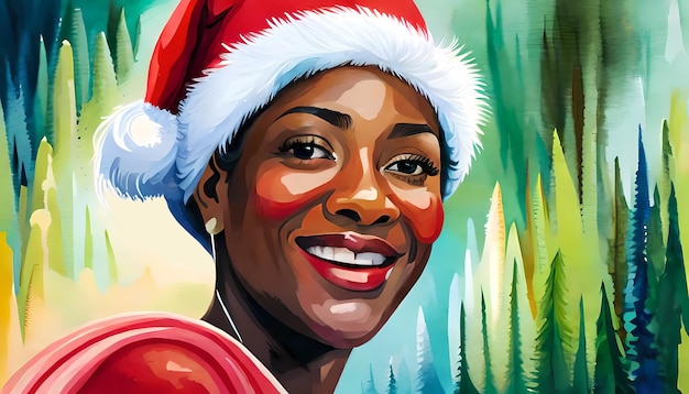 Souriante jolie fille africaine avec bonnet de Noel illustration AI générative pour Noël