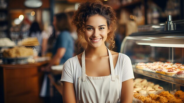 Souriante et joyeuse femme blanche mature boulanger travaillant dans une petite boulangerie dans un café