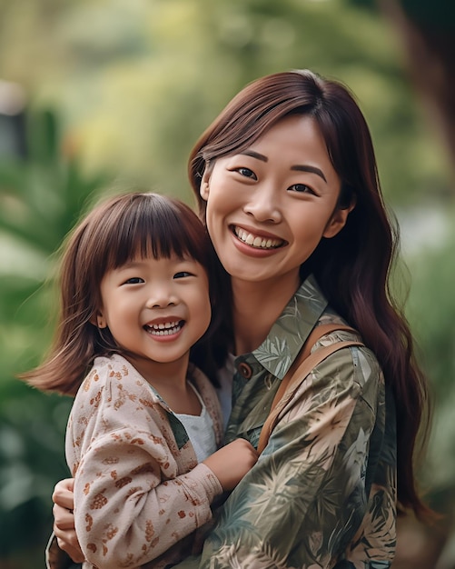 Sourire asiatique mère et fille étreignant à l'extérieur