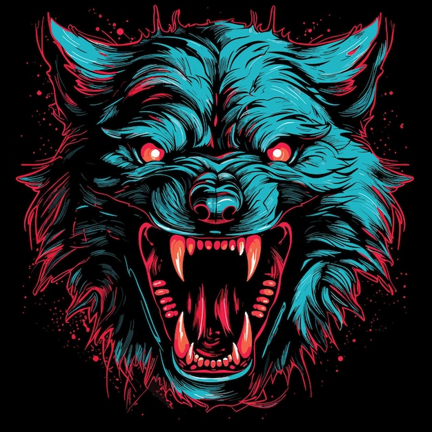 Sourire d'une bête sauvage, portrait en gros plan d'un loup maléfique et effrayant avec les mâchoires ouvertes dans un style vectoriel