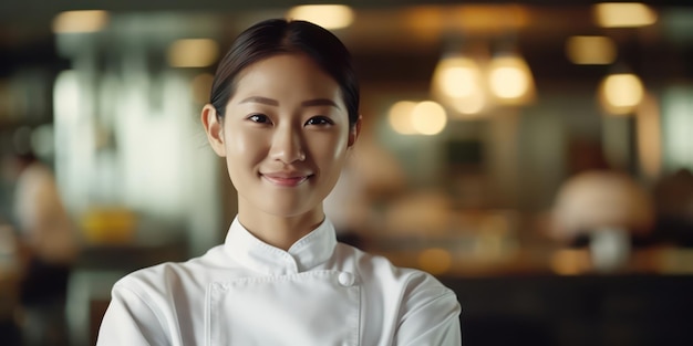 Le sourire d'une cuisinière asiatique passionnée dévoile son expertise culinaire.