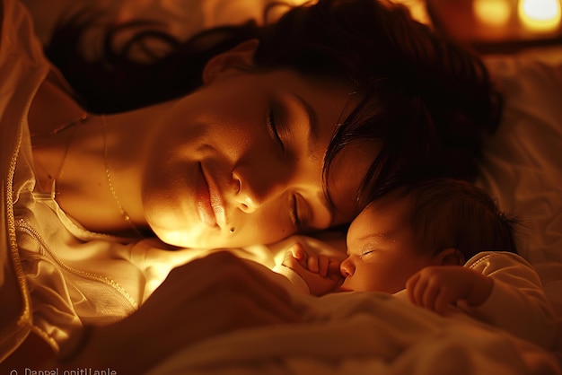 Le sourire doux d'une mère qui berce son nouveau-né avec un amour et une affection purs dans un moment de tendresse.