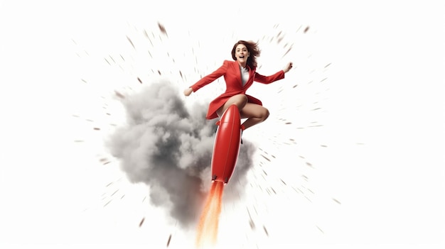 Photo a, sourire, femme affaires, lancement, a, fusée rouge, femme, concept affaires