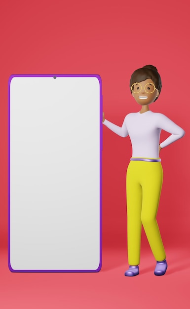 Photo sourire fille afro-américaine smartphone vente maquette application de rendu 3d ui ux design personnage femme gadget écran blanc