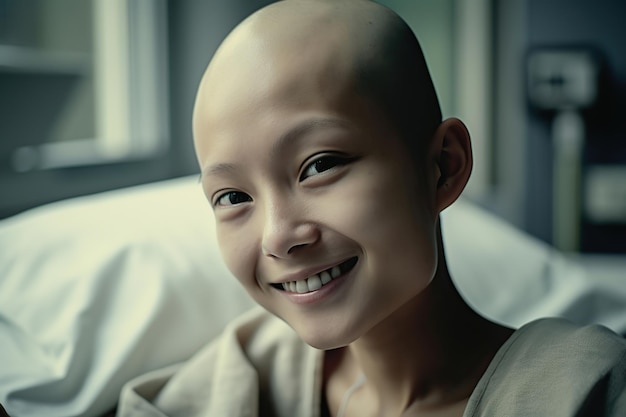 Sourire fille asiatique avec un patient cancéreux sans poils regardant la caméra en position couchée sur le lit AI générative