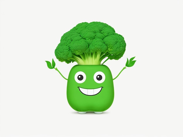 Photo le sourire heureux, le brocoli vert fou, le visage de personnage de dessin animé, la couleur de l'autocollant de légume mignon et drôle.