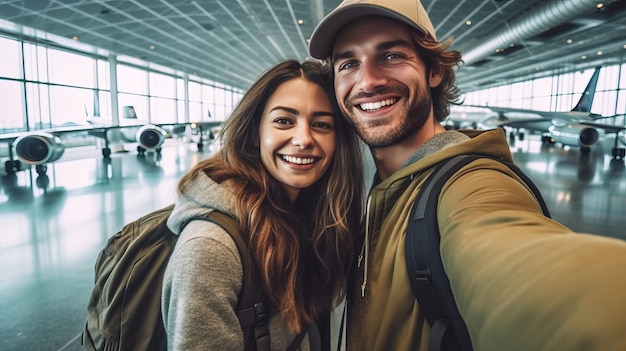 sourire heureux jeune femme et petit ami selfie avec sac de voyage à l'aéroport