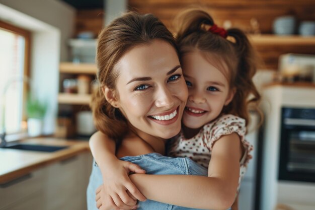 Le sourire heureux de la mère embrassant la fille sur l'épaule à la maison