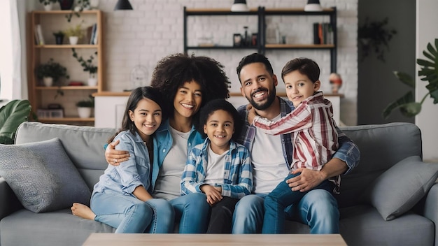 Photo le sourire heureux et le portrait d'une famille interraciale assise sur un canapé dans le salon à la maison